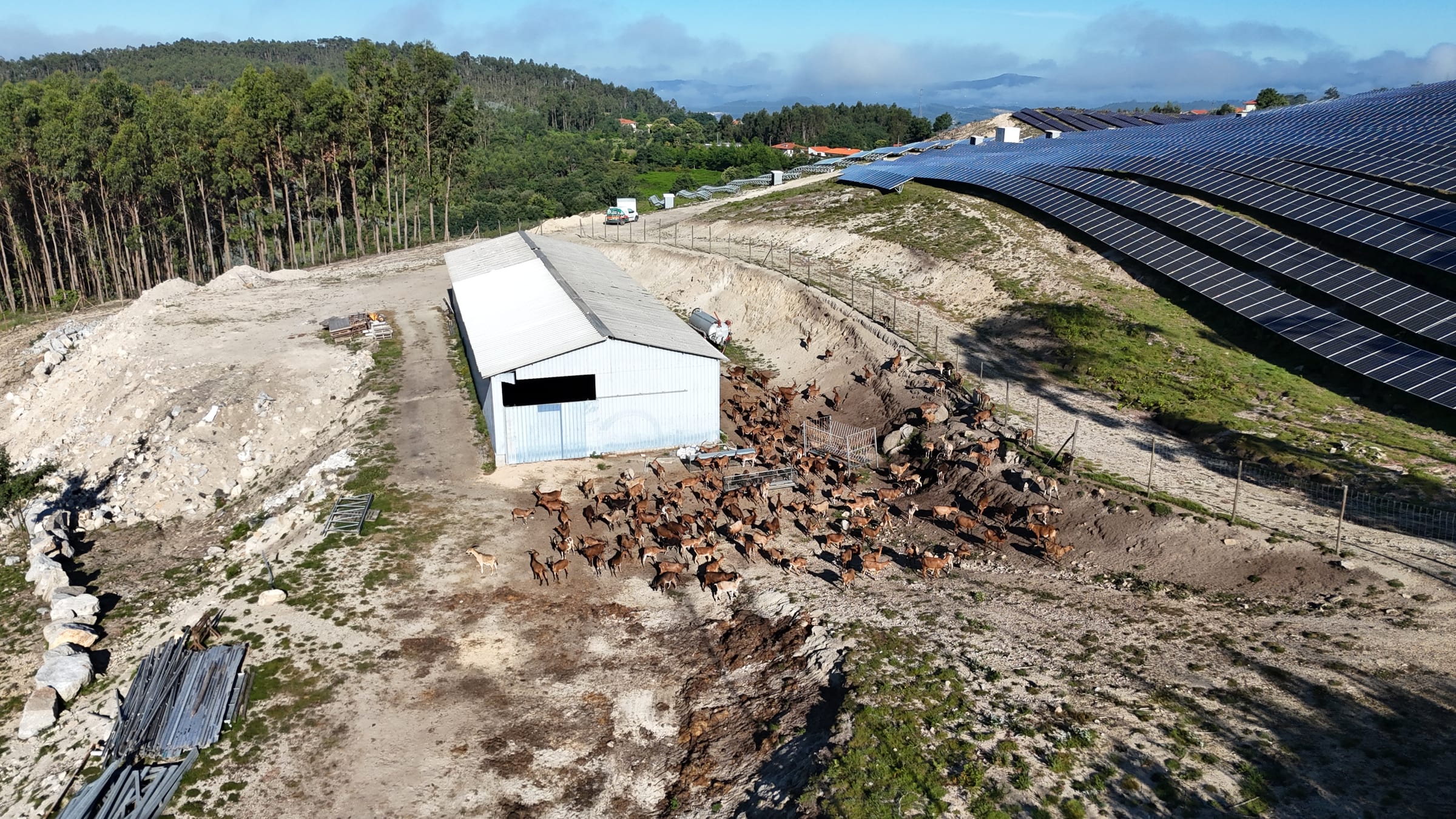 Painéis solares na encosta junto a uma construção de apoio agrícola