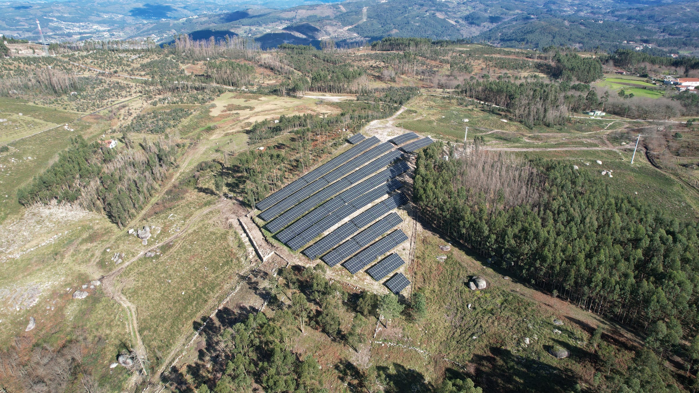 Painéis fotovoltaicos dispostos ao longo de um socalco verde